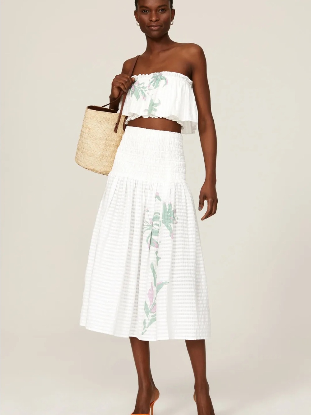 Tanya Taylor White Midi Skirt with Pastel Floral Accents